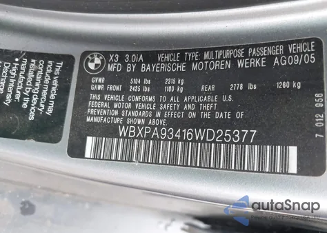 2006 BMW X3 3.0I z USA, uszkodzony, nr VIN WBXPA93416WD25377